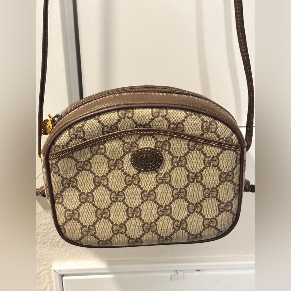 Gucci Brown and Tan Crossbody Bag with Iconic GG Monogram